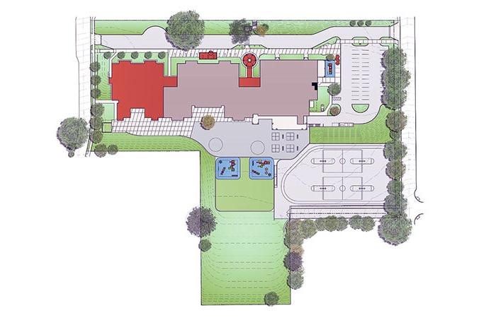 site plan drawing showing school campus, school, and addition