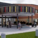 architect's drawing of what the completed school will look like from the main entrance